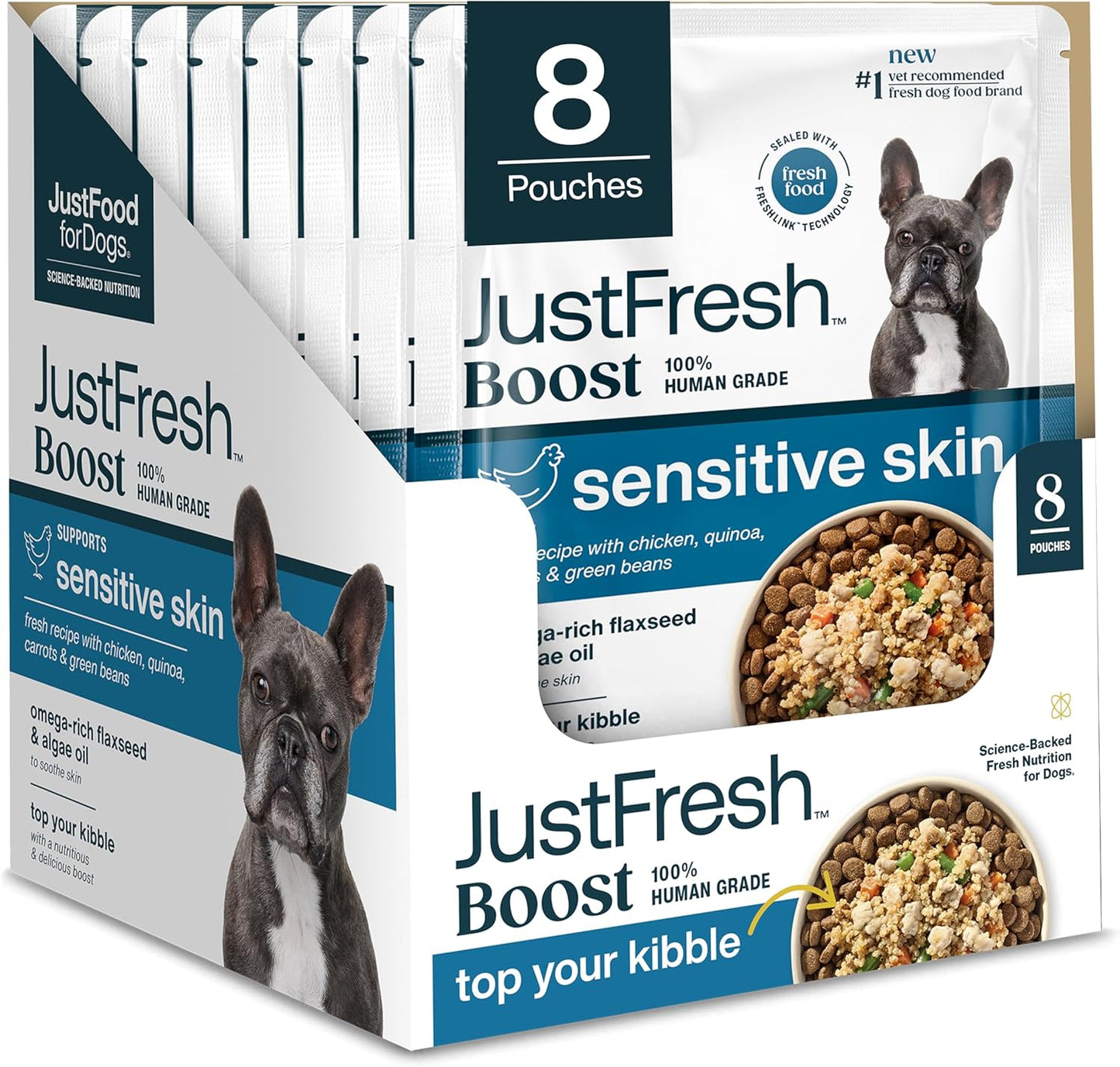 JustFoodForDogs JustFresh Boost Dog Food Toppers - Sensitive Skin & Immune Support, 8 oz Pouches | 8 Pack