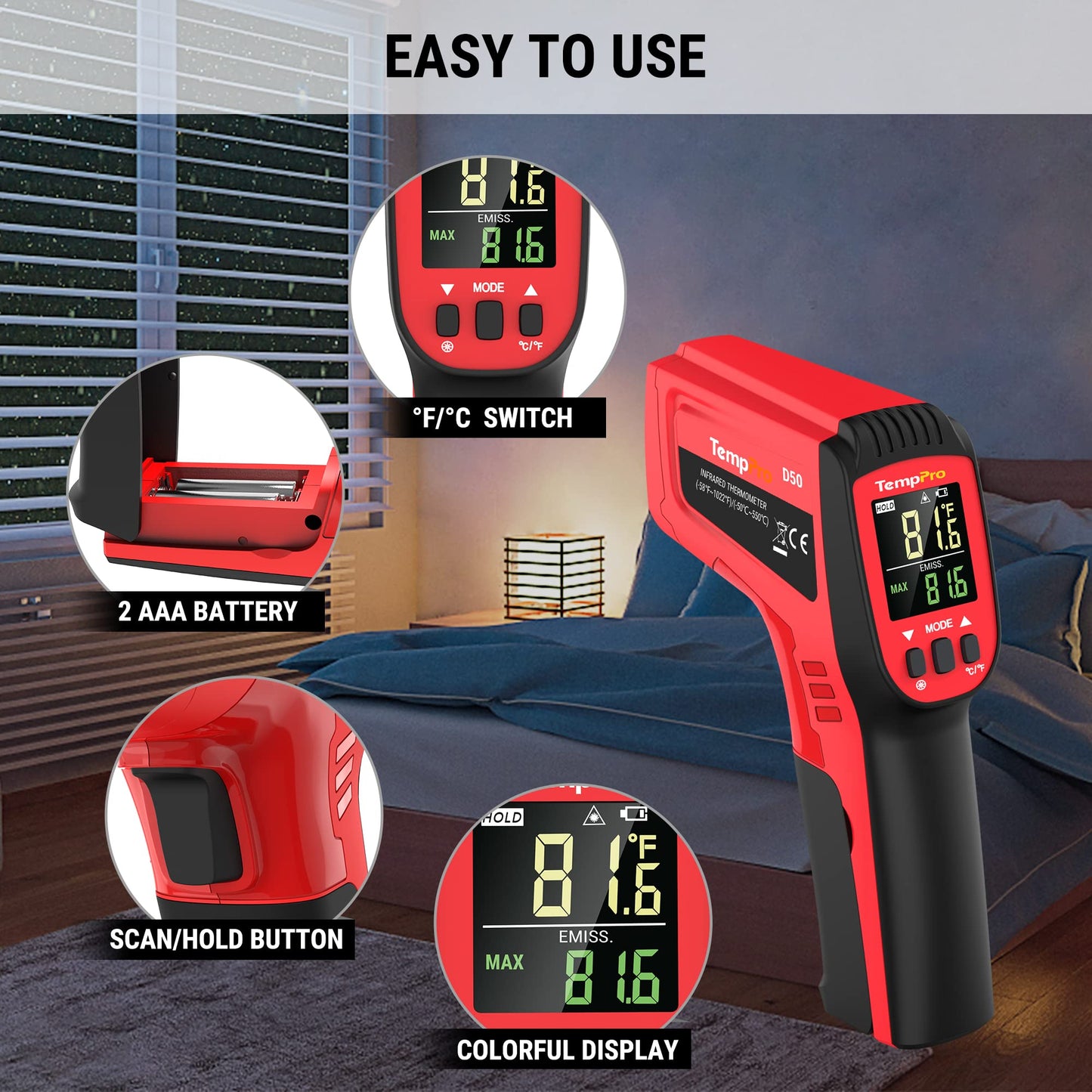 TempPro D50 Dual Laser Infrared Thermometer Gun for Cooking with Adjustable Emissivity & MAX/MIN/AVG Display, Laser Thermometer Gun for Cooking Industrial Use (NOT for Human)