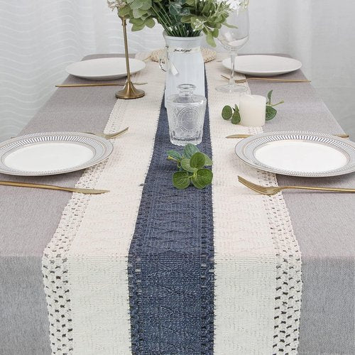 FEXIA Boho Table Runner 36 Inches Long with Tassels Farmhouse Rustic Cream & Blue Macrame for Dining Bedroom Home Baby Bridal Shower Decor(12x36 Inches)