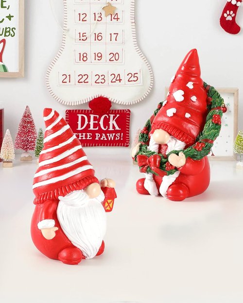 iStatue Set of 2 Resin Christmas Gnomes - Adorable Hand-Painted Tomte Figurines for Home & Garden Decor