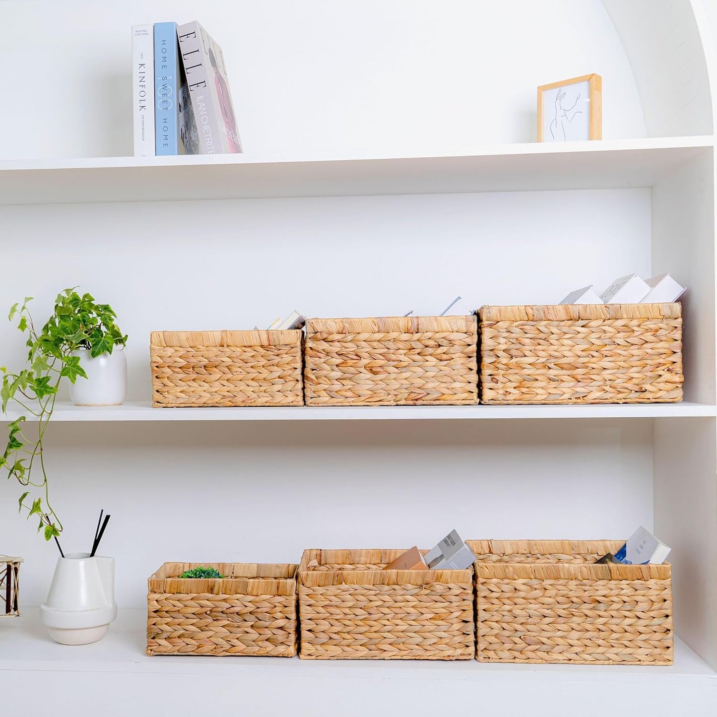M4DECOR Water Hyacinth Storage Baskets - Handwoven Wicker Organizing Baskets for Shelves | Set of 6 (2 Sizes)