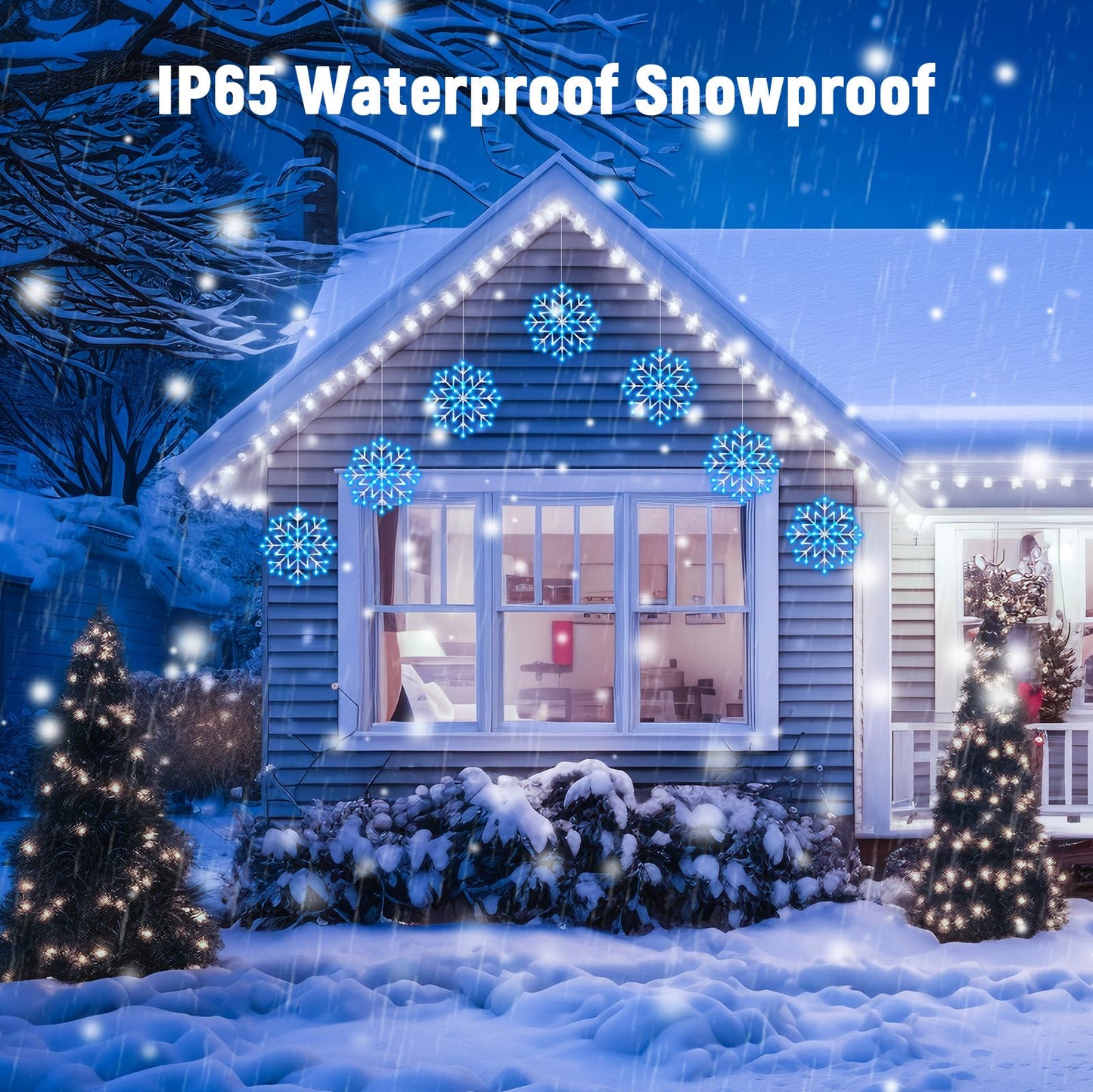 Brightown Christmas Snowflake Icicle Lights Outdoor - Plug-in 23.6ft 10 Drops 480LED Snowflake Window Lights for Indoor Outdoor Porch Eaves Rooftops Canopy Christmas Decoration, Blue and White