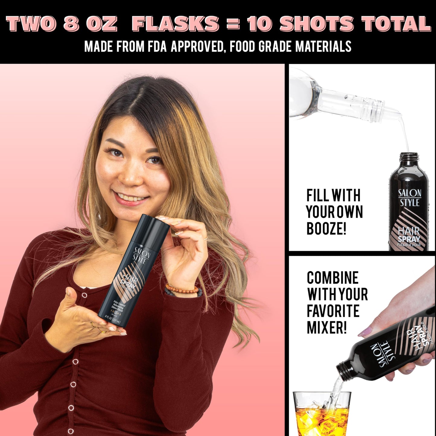 GoPong Hair Spray Flask 2 Pack (16 oz Total) - Hidden Alcohol Travel Flasks for Women - Secret Liquor Containers for Nightclubs, Festivals, Cruises, and Sports Events – Includes Funnel & Spout