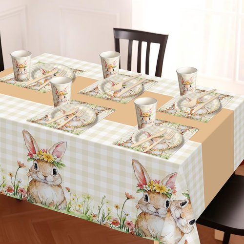 Childom Easter Party Supplies Decorations,147 Pcs Easter Decorations Disposable Tableware Set,Bunny Themed Dinnerware with Plastic Tablecloth Knives Fork,Paper Plates Napkin Cups for Birthday,Parties