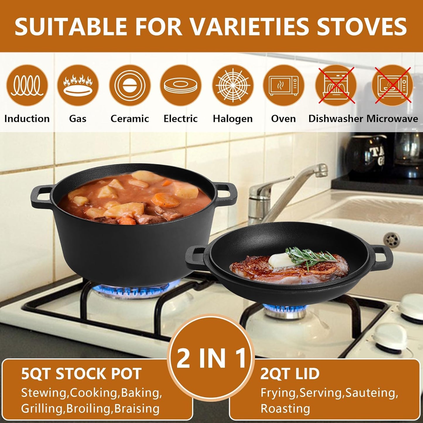 E-far 5 Quart Enameled Cast Iron Dutch Oven, 2 in 1 Dutch Oven Pot with Skillet Lid and Silicone Bread Sling, Ideal for Bread Baking, Cooking, Stewing, Frying, Induction & Oven Safe - Red