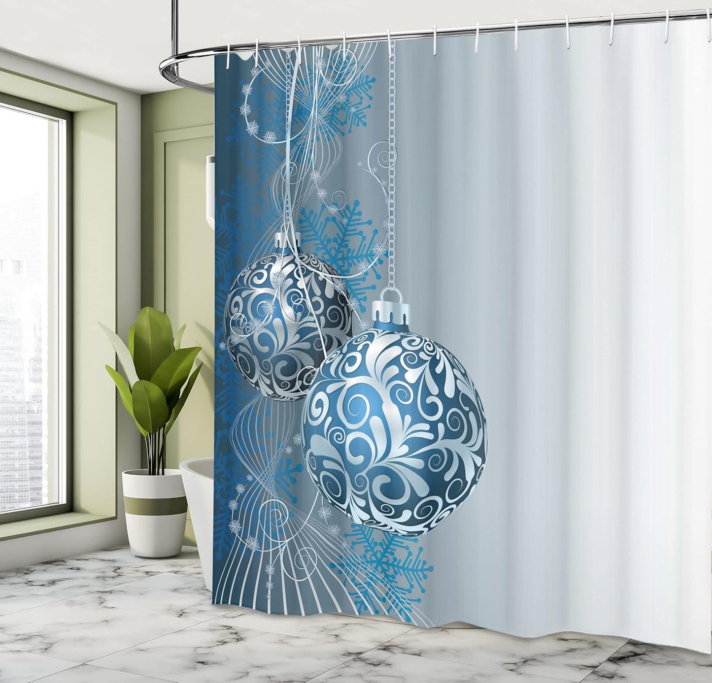 Snowflake Motif Christmas Shower Curtain Set - Abstract Blue & White Design, 69" x 70" with Hooks