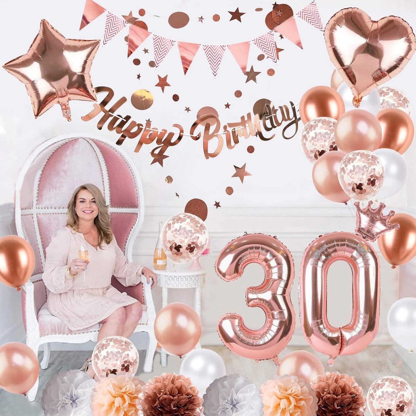 Regine Switzerland 30th Birthday Decorations - Rose Gold Foil Balloons & Banner | Perfect for 30-Year-Old Party