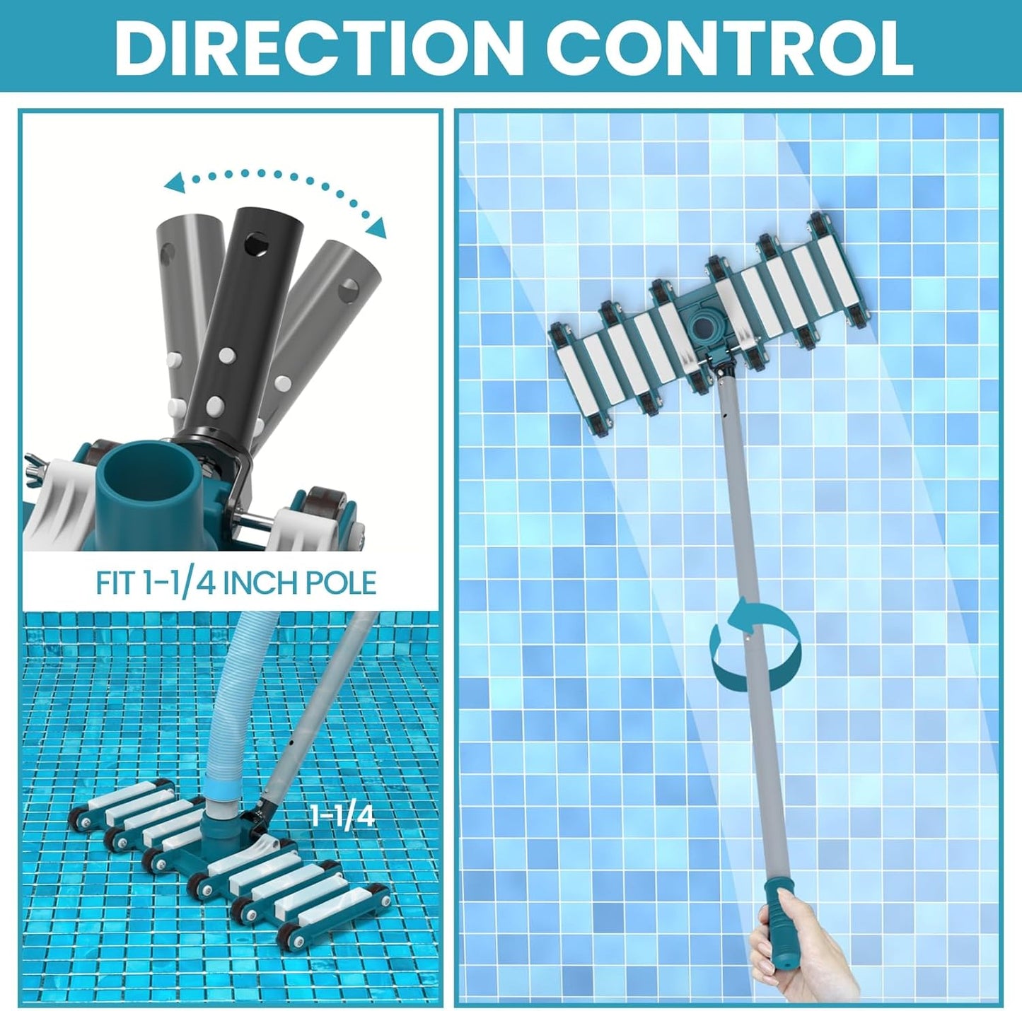 POOLWHALE 19" Professional Weighted Pool Vacuum Head - Extra-Wide with Wheels & Flexible Swivel Handle for Deep Cleaning