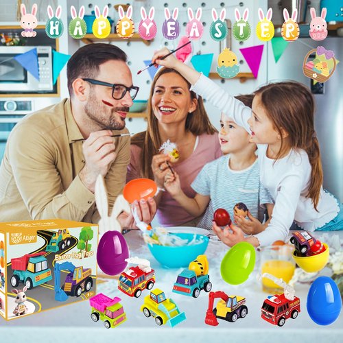 Atiger 18 PCS Easter Egg Fillers with Toys Inside, Easter Basket Stuffers for Toddlers Filled Pull Back Engineering Vehicles Plastic Eggs Party Favors for Kids Egg Hunt Gift Easter Basket Essentials