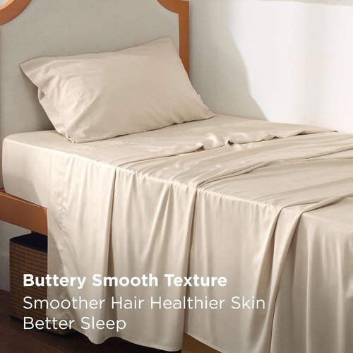 Bedsure Cooling Twin XL Sheets - Breathable Rayon from Bamboo, Soft & Luxurious, Deep Pocket Up to 16 Inches, Beige