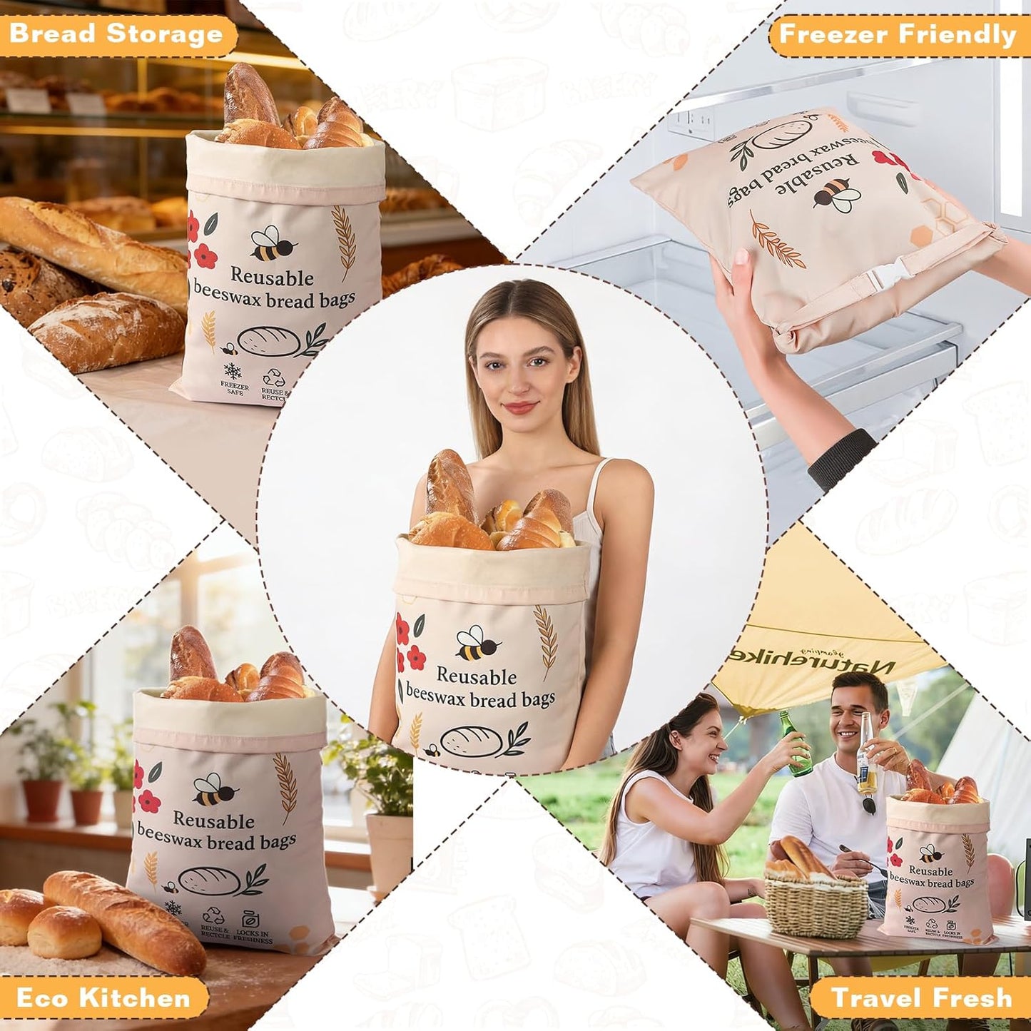 Skiennix XL Reusable Beeswax Bread Bags - Organic Cotton for Sourdough Baking | 2 Pack for Fresh Food Storage