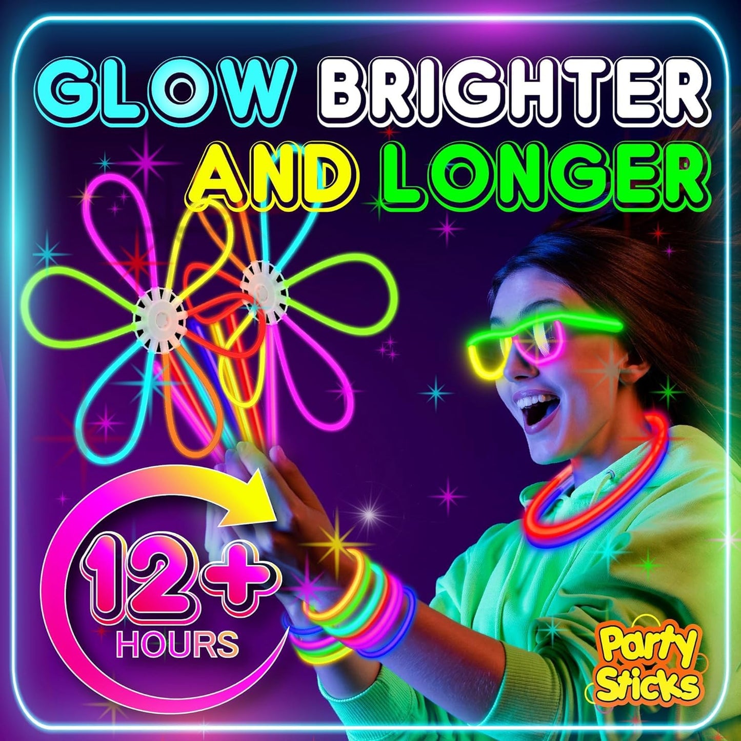 PartySticks Ultra Bright Bulk Party Supplies 367 Piece Glow in The Dark 150 Glow Sticks with Eye Glasses, Bracelets, and Connectors - Light Up Halloween Party Favors