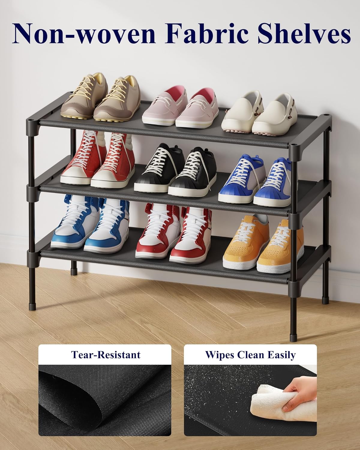 Kitsure Shoe Rack - Stackable Non-Woven Shoe Organizer for Closet & Entryway | 3-Tier, 27.5" Wide, Black