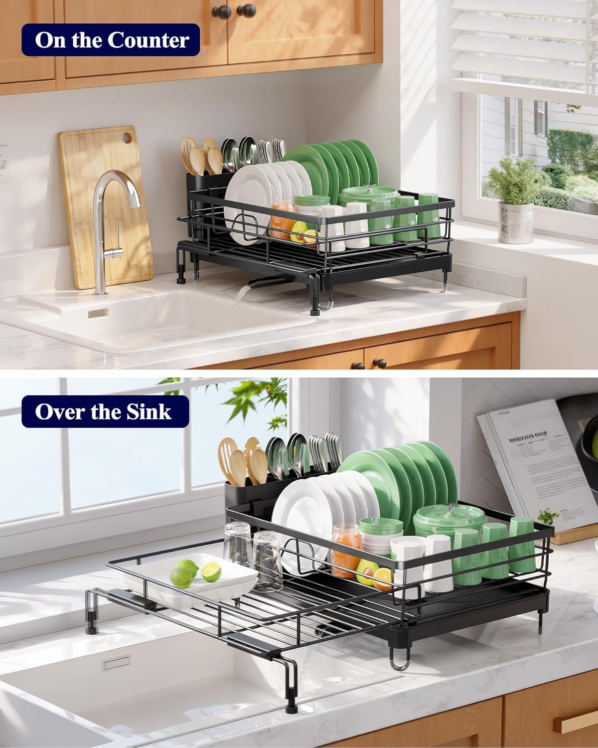 Kitsure Extendable Dish Drying Rack - Rust-Resistant Kitchen Rack with Adjustable Legs & Cutlery Holder | Black, 15.6''-25.2''L × 16.9''W × 8.1''H