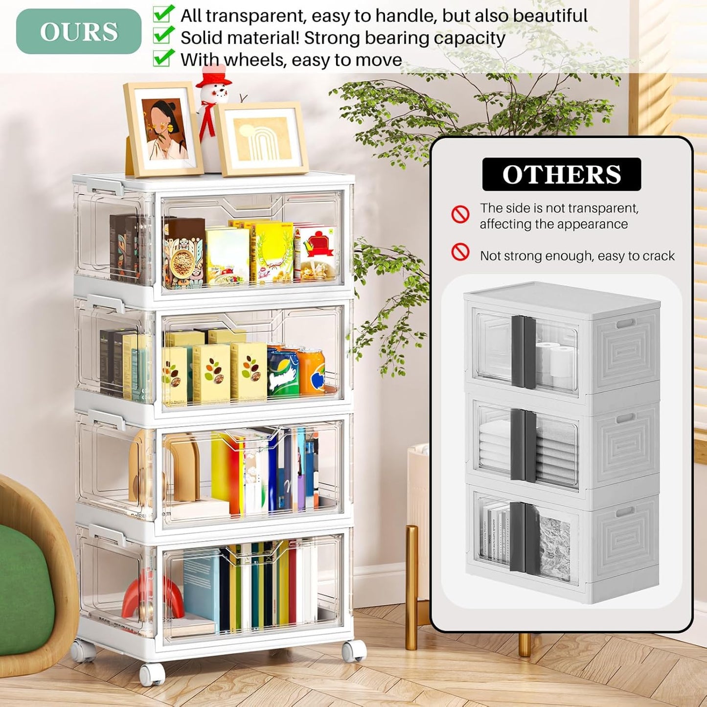 Kmiectse Clear Storage Bins - 4-Tier Stackable Plastic Bins with Lids & Wheels | 23 QT Closet Organizer for Bedroom & Living Room
