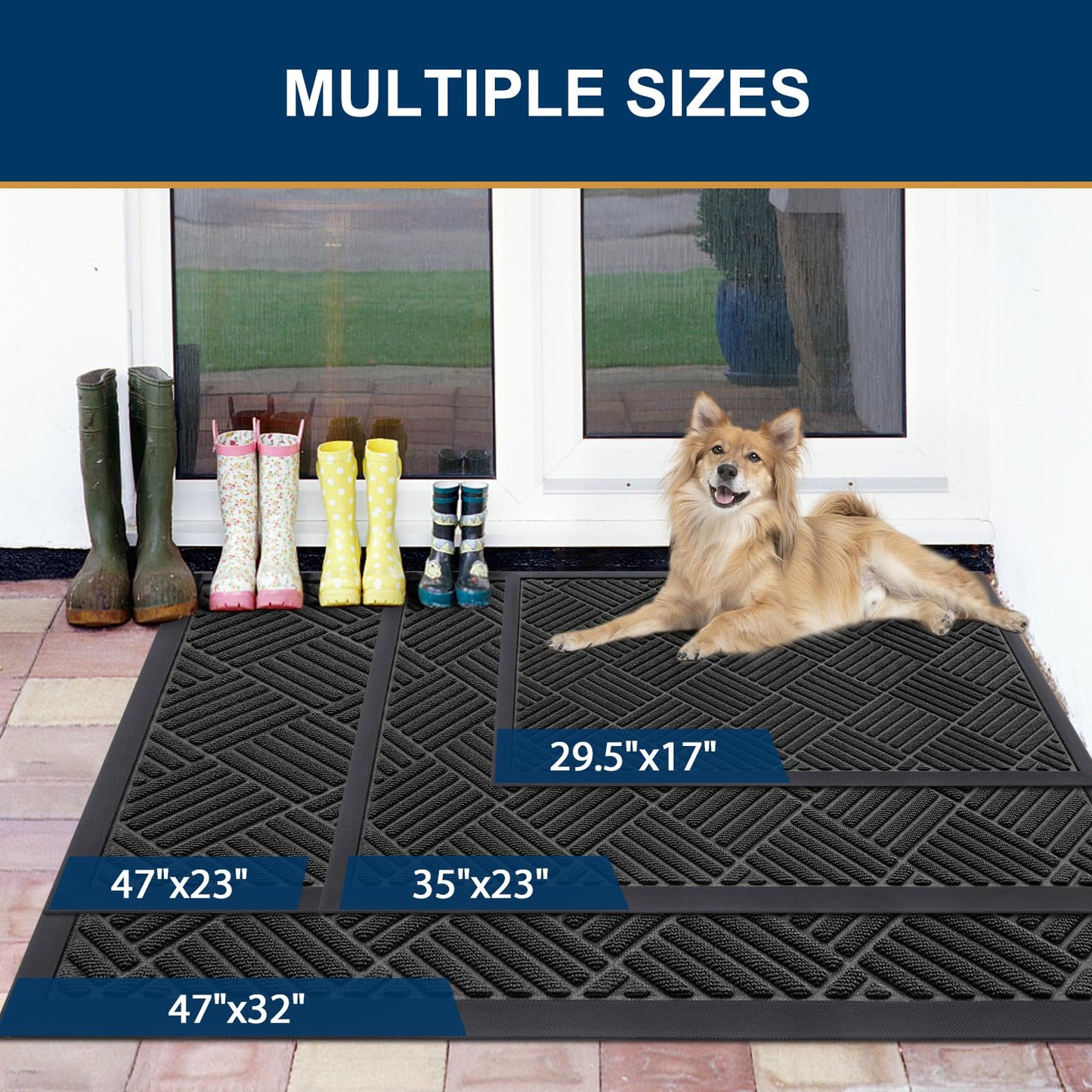 Smiry Front Door Mat Outside Entrance, Heavy Duty Outdoor Indoor Natural Rubber Doormat, Non Slip, Trap Dirt and Moisture, Easy Clean, Low Profile Patio Porch Entryway Mat, 29.5x17, Black