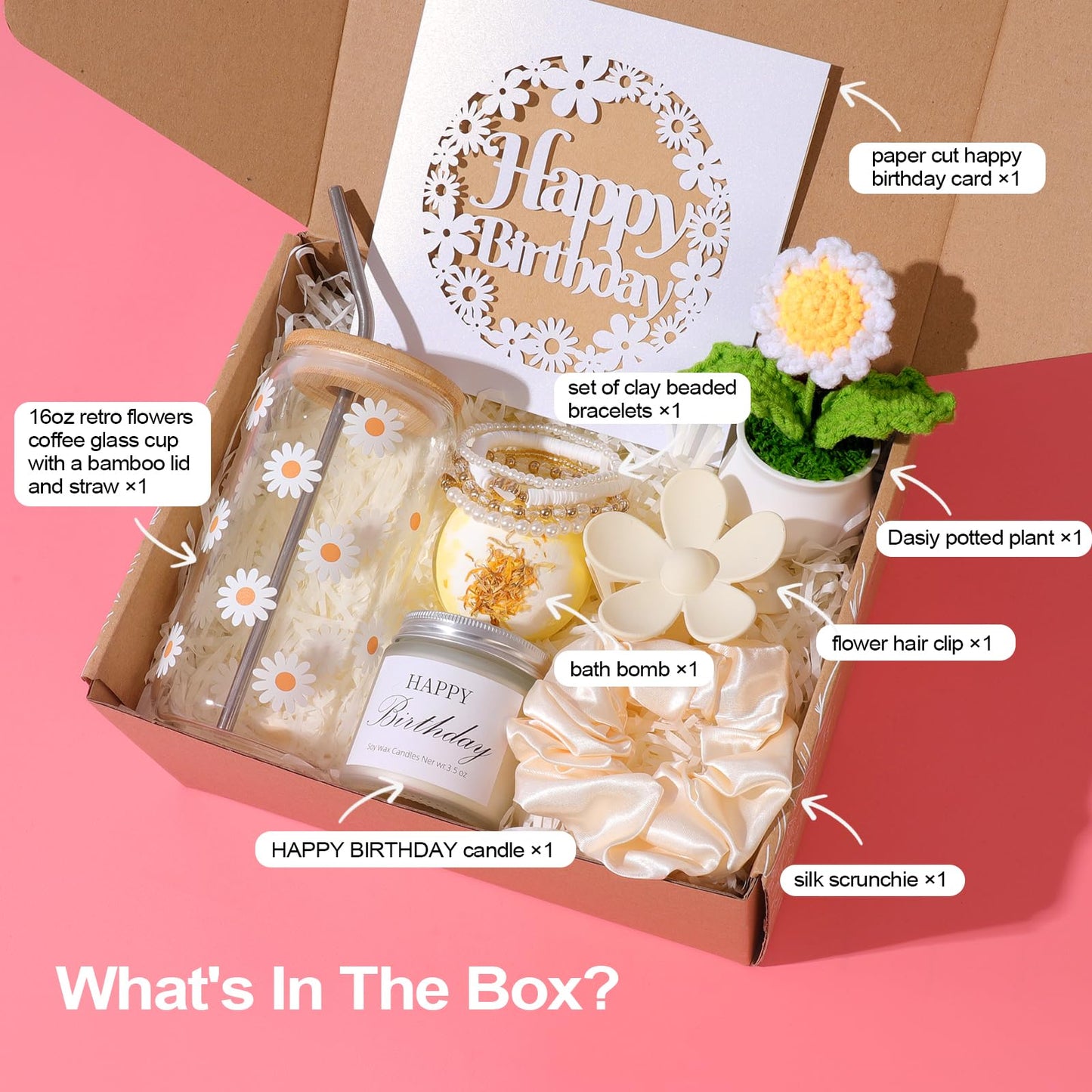 Landteek Fine Birthday Gifts For Women, Happy Birthday Gift Box For Girl,Teen Girl, Her, Women, Sister, Daughter, Friends, Cute Daisy Aesthetic Glass Cups Gift Set 8pcs
