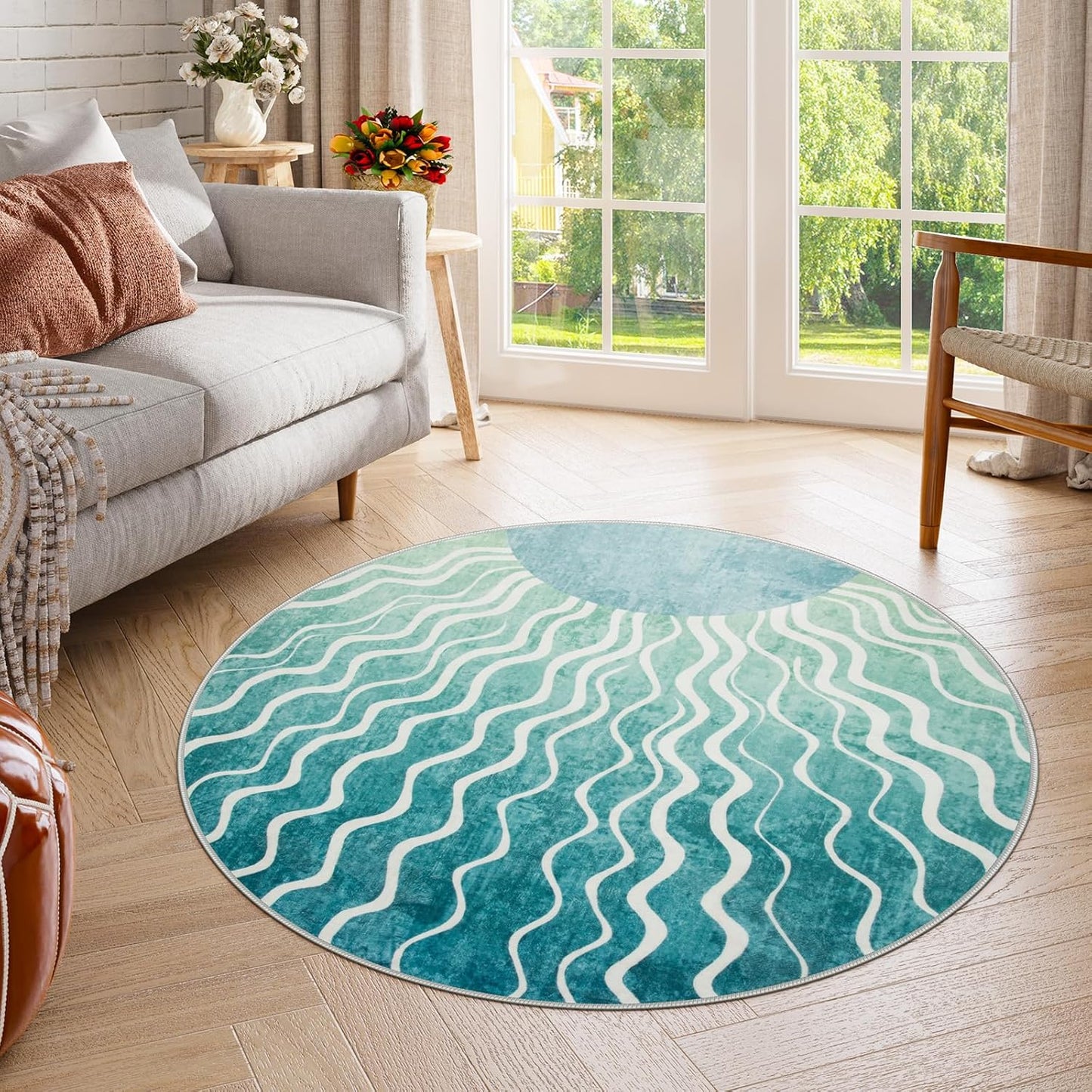 Wonnitar Boho Sun Print Round Rugs 5ft, Washable Circular Rug Green Round Carpet for Bedroom, Soft Sunset Distressed Non Slip Circle Carpet for Dining Room Living Room Office, Teal/Multi