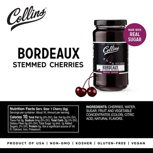 Collins Stemmed Black Cherries for Cocktails, Old Fashioned, Manhattan, and Whiskey Sour, Cocktail Cherry in Bordeaux Syrup, Garnish for Mocktails, Party Drinks, Baking, Desserts, 10 oz