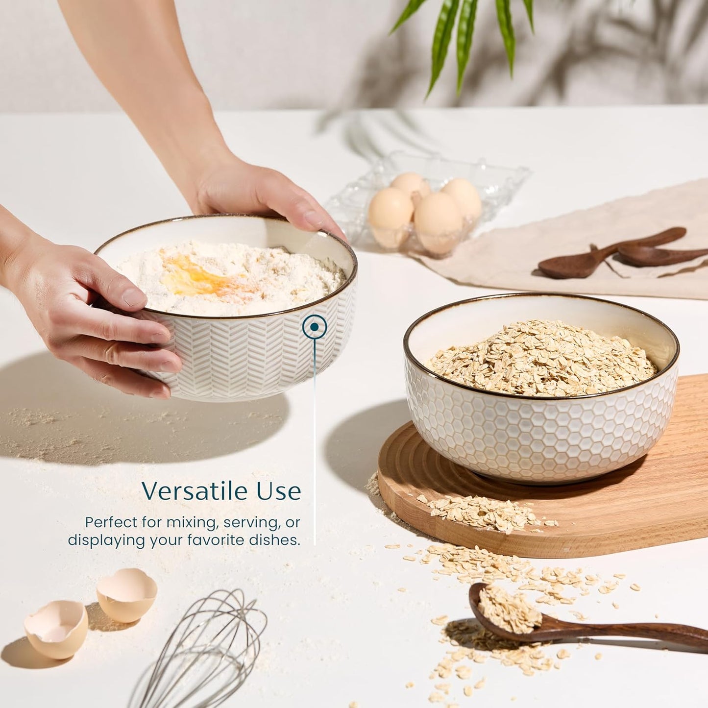 KooK Ceramic Salad Bowls - Large Embossed Kitchen Bowls, Microwave & Dishwasher Safe | Cream & Dark Copper, Set of 2, 60 oz
