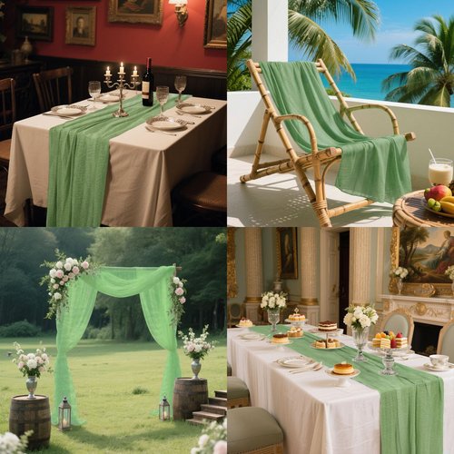 10ft Cheesecloth Table Runner, 3 pcs 120-Inch Boho Gauze Table Runner, Sage Green Bubble Gauze,Rustic Sheer Fabric for Wedding, Bridal Baby Shower, Farmhouse Decor & Spring Party Table Decor