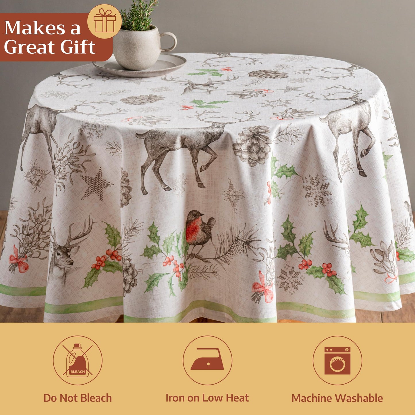 Maison d' Hermine Table Cloth Round Table 100% Cotton 63 Inches Fall Tablecloth Reusable Everyday Use for Thanksgiving Christmas Decorations Dining Farmhouse Party (Christmas Dew)