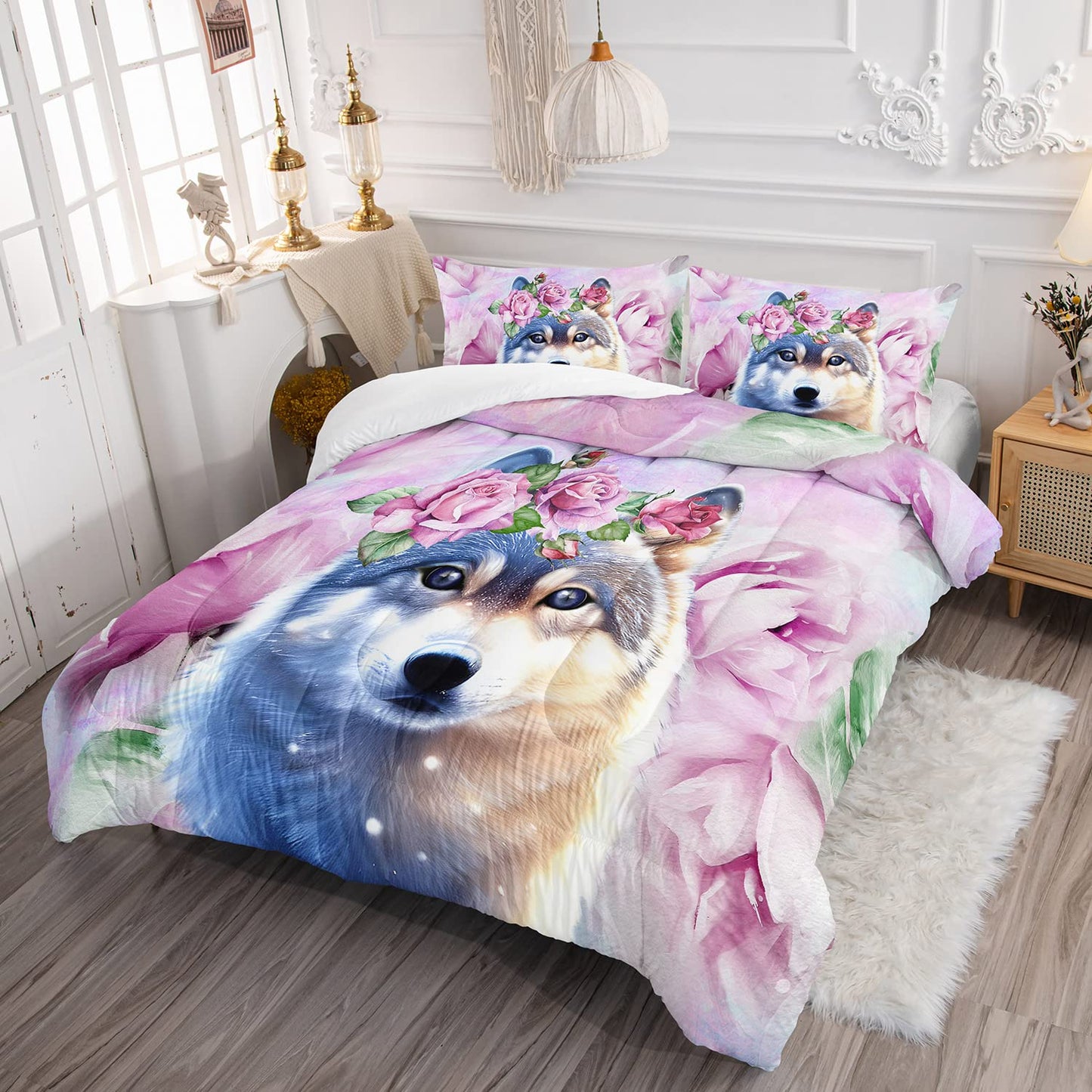 XYNHML Wolf Comforter Set Tie Dye Wolf Bedding Set for Kids Teens Room Decor Romantic Pink Rose Wild Animals Comforter with 2 Pillowcases