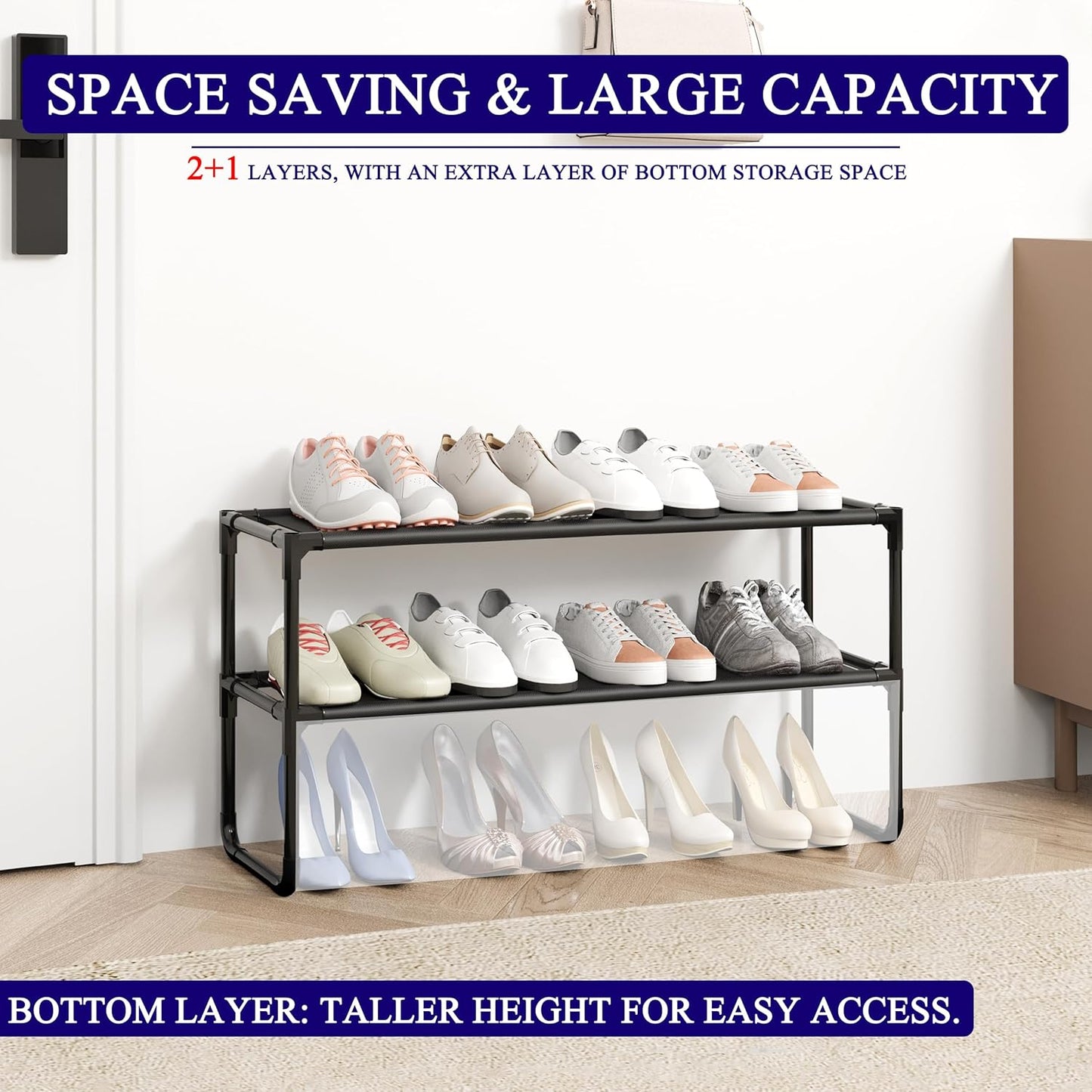 Skiennix 2-Tier Shoe Rack - Stackable Organizer for Closet & Entryway | Holds 12-15 Pairs, Black (35.8" Wide)