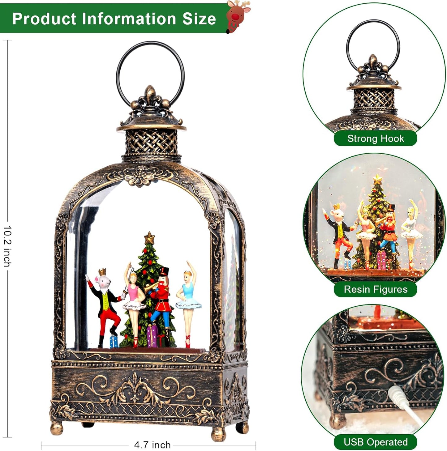 Nutcracker Christmas Snow Globe Lantern - Musical Soldier Scene | 6H Timer, USB/Battery Operated