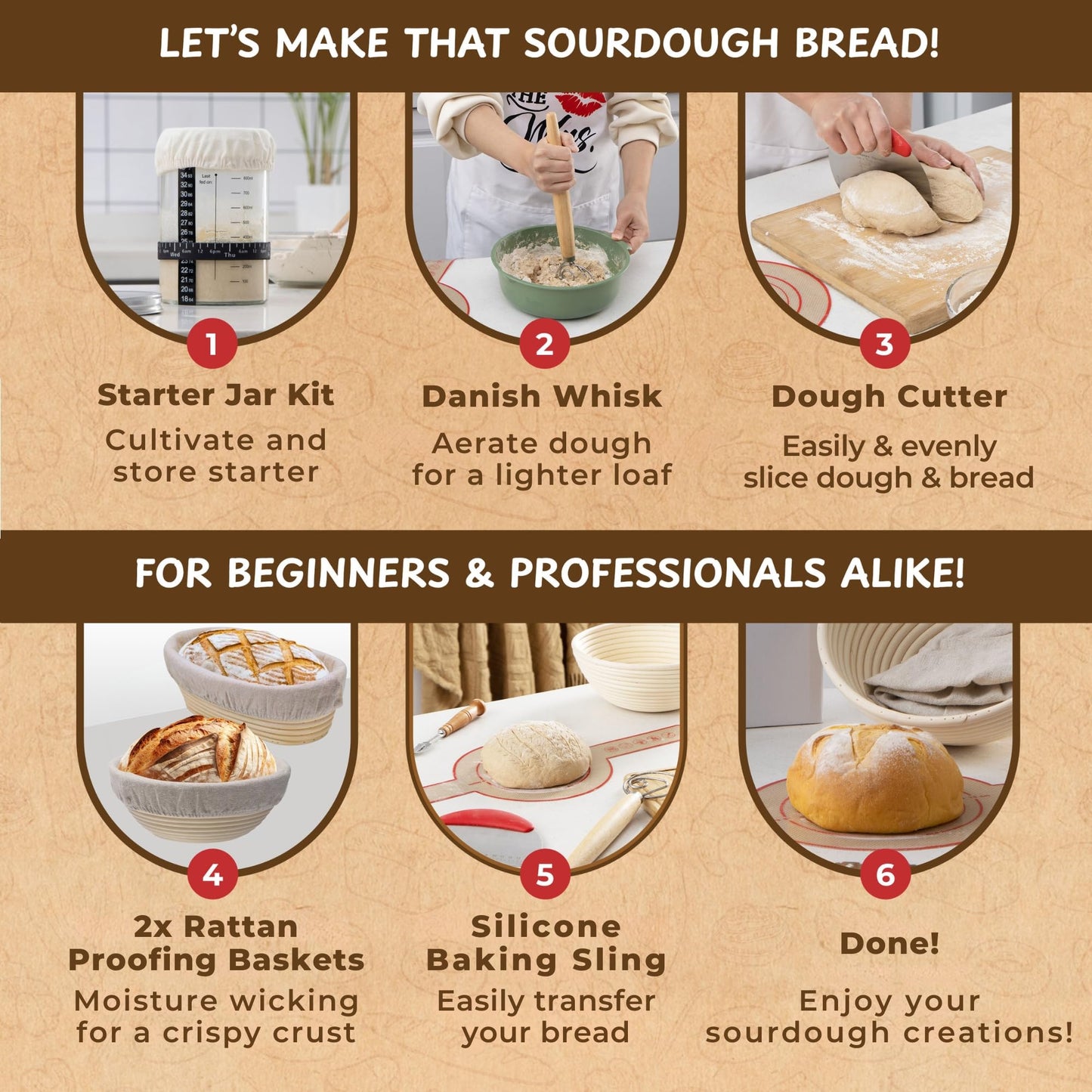Complete Sourdough Bread Starter Kit, Glass Sourdough Starter Jar Kit & Tons of Sourdough Bread Baking Supplies - Sourdough Starter Kit Includes Sourdough Jar, Banneton Basket (2x Baskets and Jar)