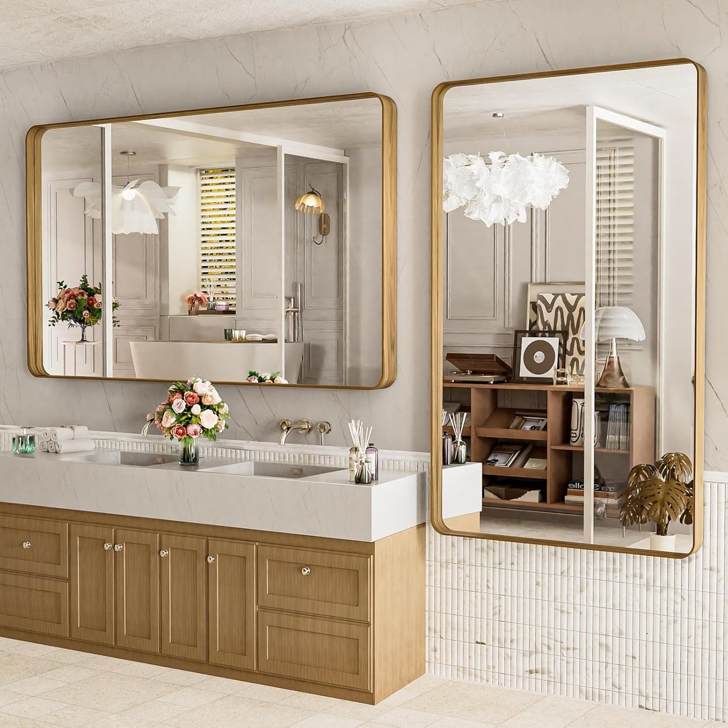 LOAAO Bathroom Mirror - 60X28 Inch Rounded Rectangle Design with Wood Grain Metal Frame | Anti-Rust, Versatile Hanging Options