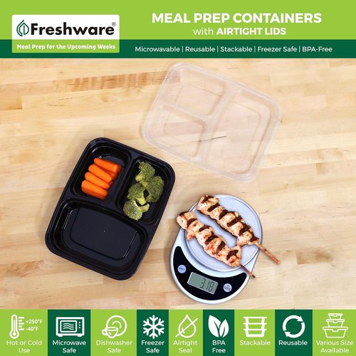 Freshware Meal Prep Containers - 150 Pack | 3-Compartment Bento Boxes, BPA-Free, Stackable, 24 oz