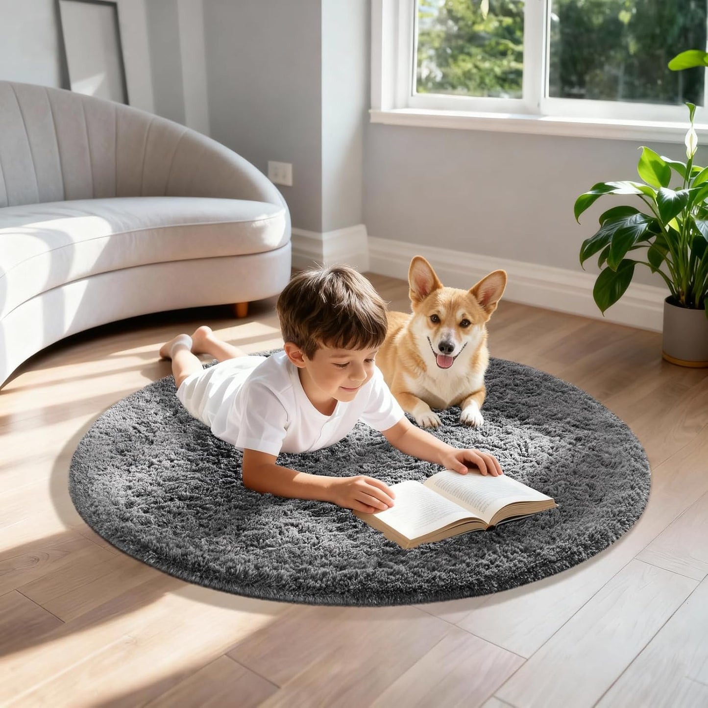 Ophanie Round Rug - Fluffy Grey Circle Area Rug for Bedroom | 3Ft Plush Shag Carpet for Kids & Teens