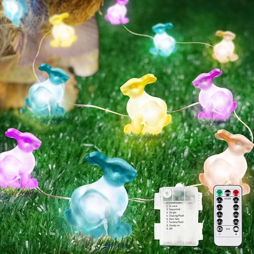 EXF Easter Decorations - Battery Operated Bunny Pastel Fairy Lights with Remote & Timer | Waterproof Indoor String Lights (Multi-Color)