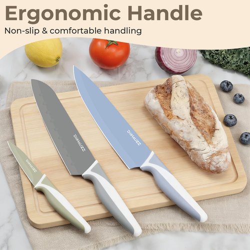 DiiHAUZZ Knife Set, 12 Pieces Kitchen Knives Set with Healthy Non-Stick Coating, Dishwasher Safe Anti-Rust Stainless Steel Knives with 6 Blade Guards, Ergonomic Handles, Ideal Gift Set