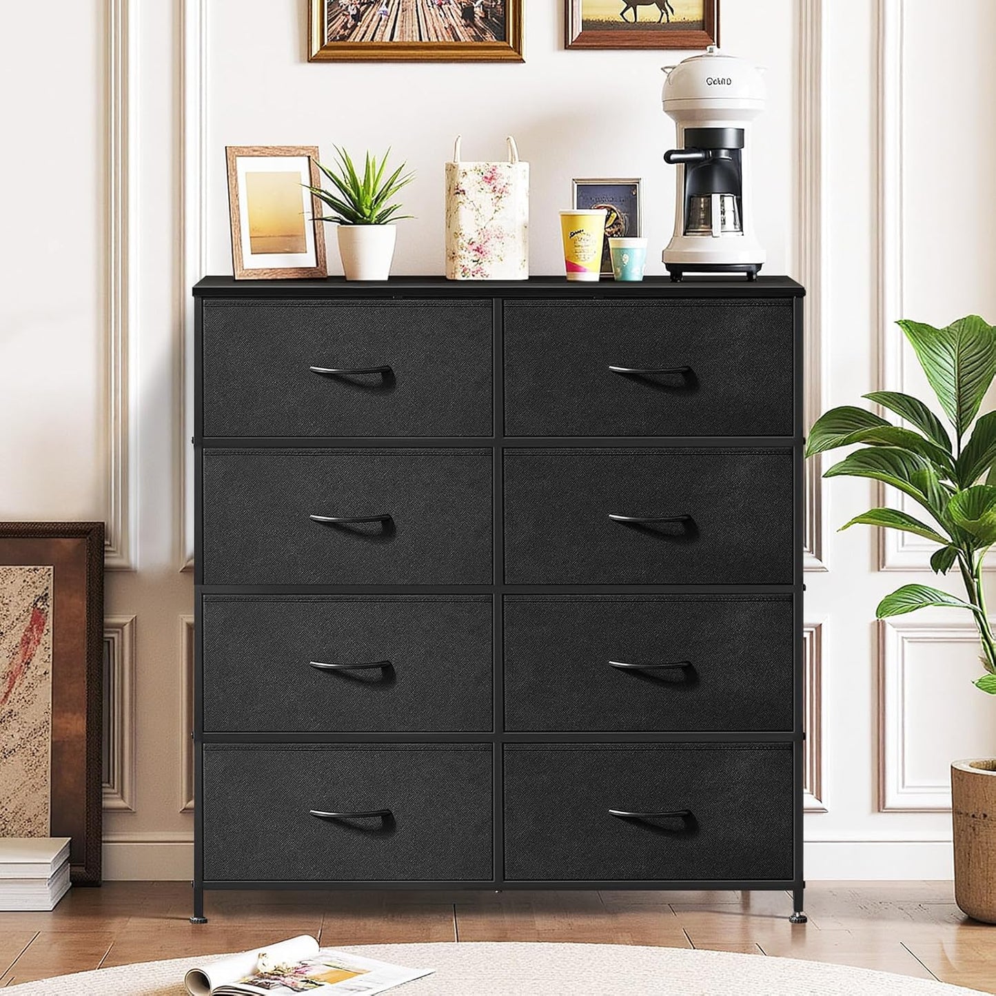 Regine Switzerland 8-Drawer Dresser - Anti-Tip Tall Storage Organizer with Wooden Top & Metal Frame - Black