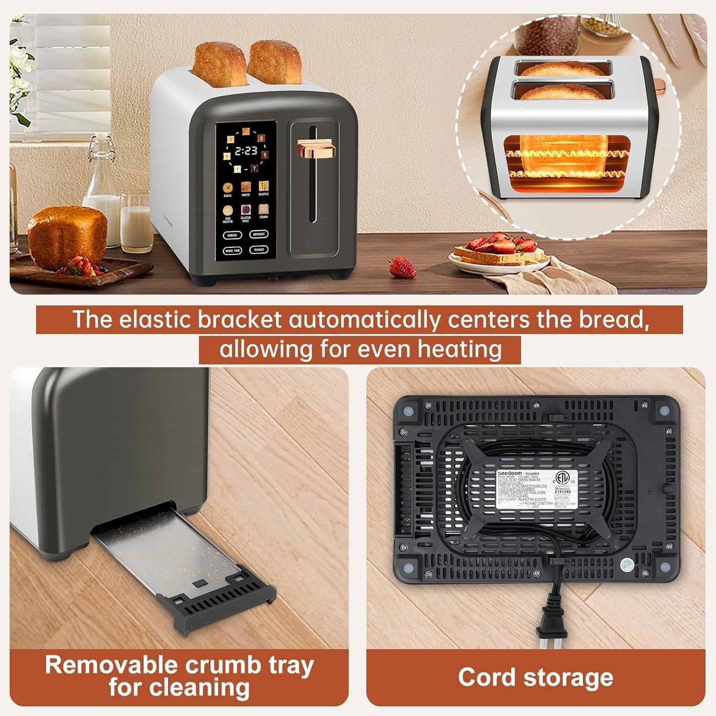 SEEDEEM 2-Slice Toaster - Touch Screen Control, 7 Shade Settings, 1.5” Wide Slots, Removable Crumb Tray