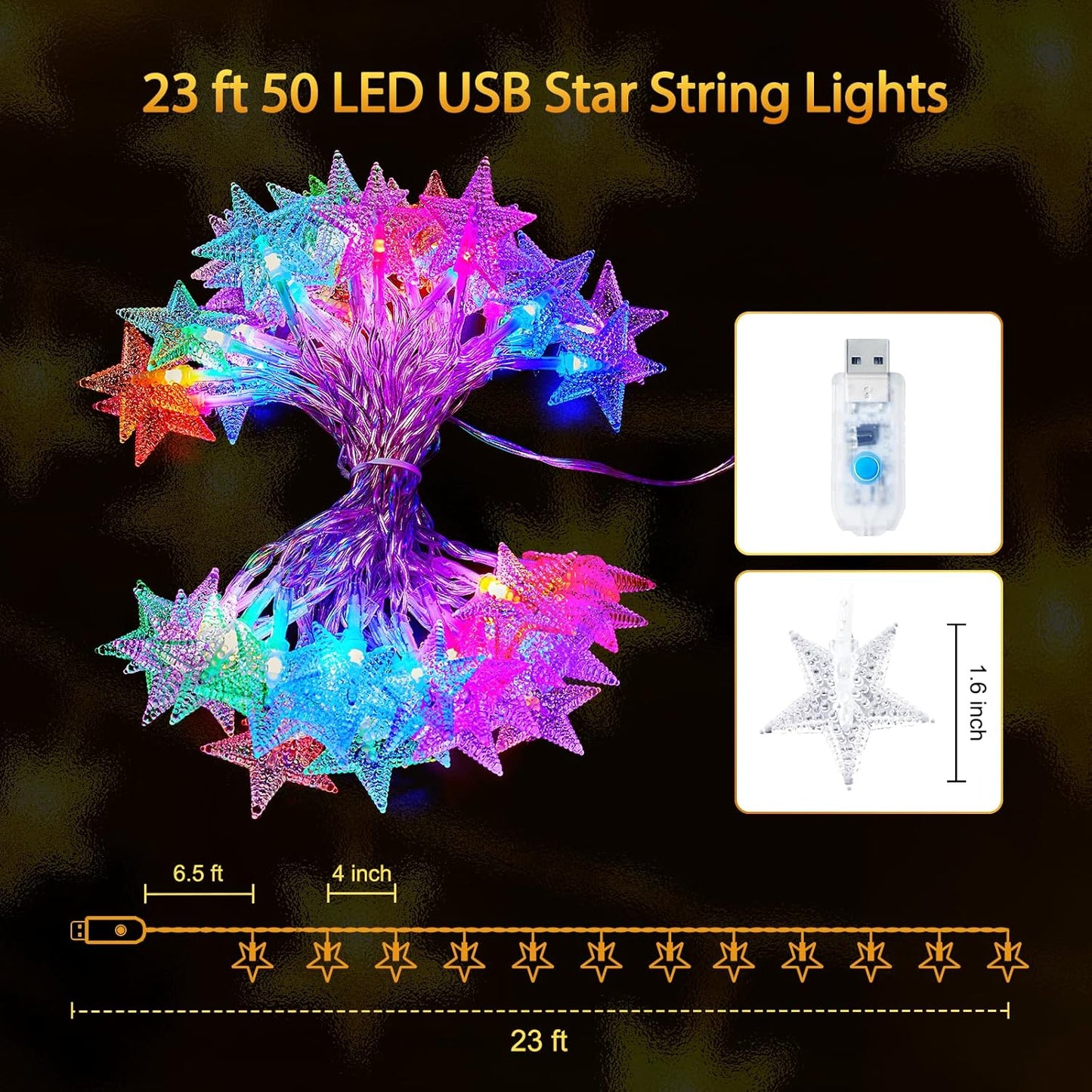 Minetom Color Changing Star String Lights - 50 LED Fairy Lights with Remote & Timer | 23 ft, 16 Colors, USB Powered