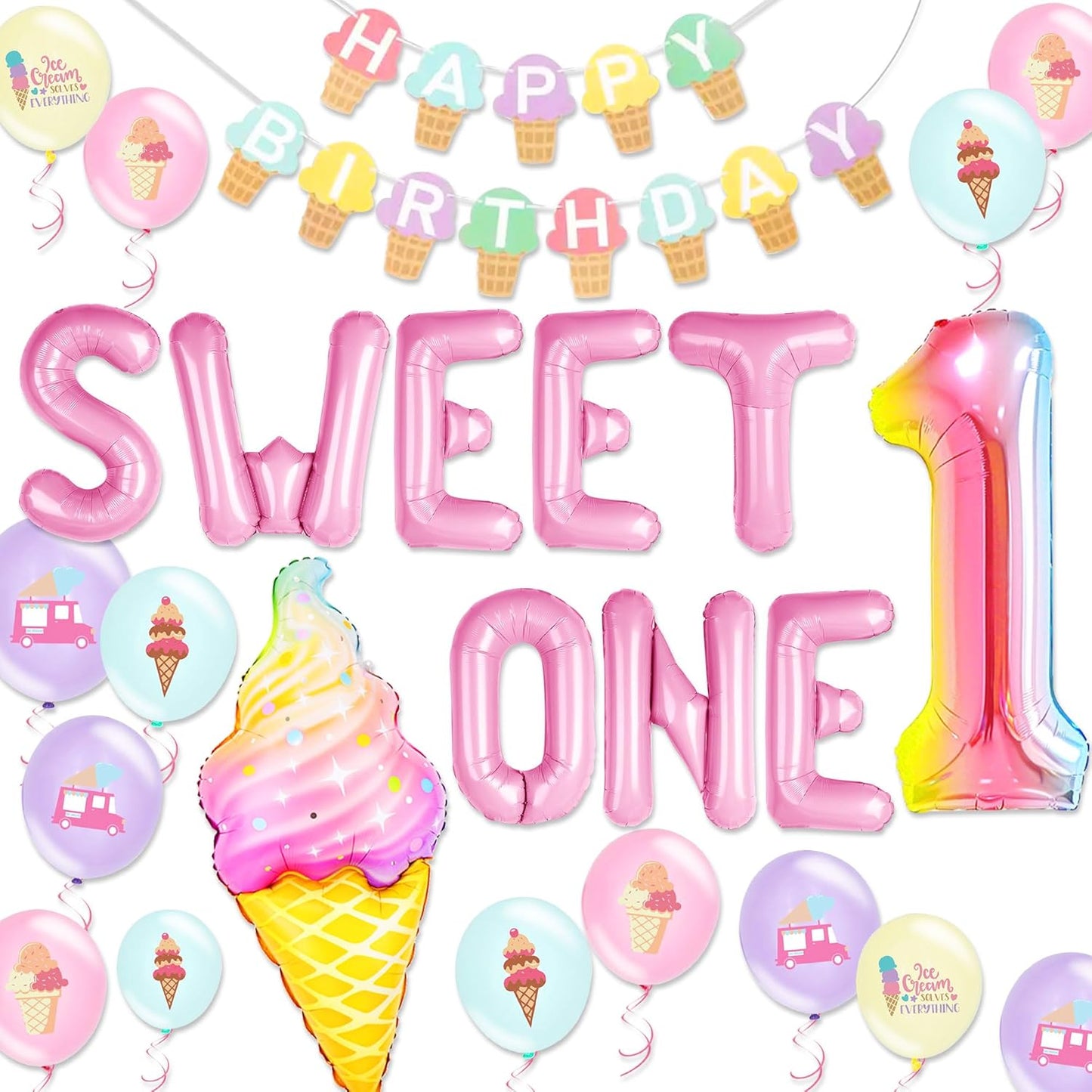 Sweet One 1st Birthday Decorations for Girls - Donut & Ice Cream Party Supplies Set