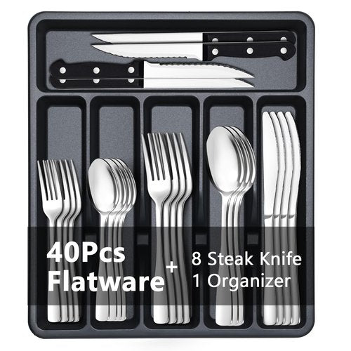 BEWOS 49-Piece Silverware Set with Organizer - Stainless Steel Silverware Set for 8 with Steak Knives and Drawer Organizer, Mirror Polished Flatware Set for Home and Restaurant, Dishwasher Safe