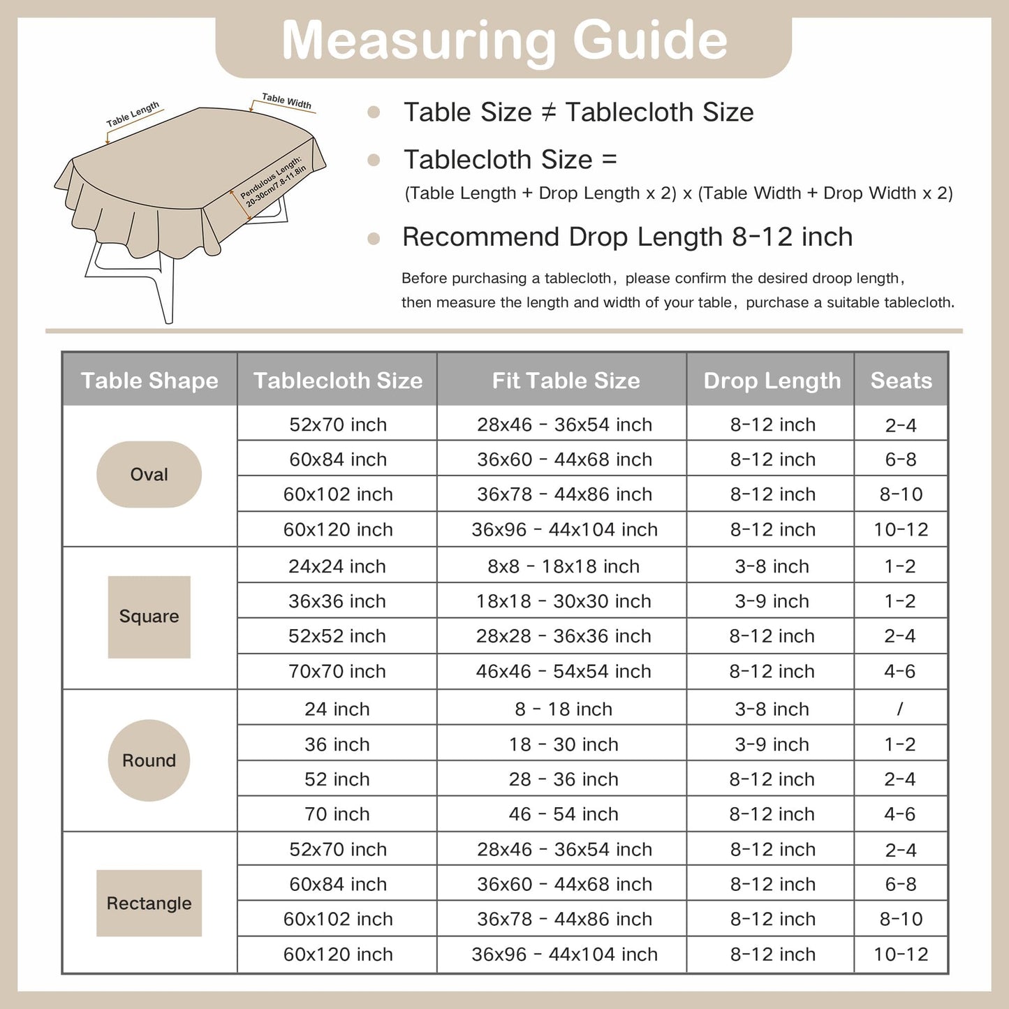 Wolkemer Oval Tablecloth 60 x 102 Inch Washable Fabric Table Cloth Solid Ivory Table Cover for Dining Wedding Party Banquet Tabletop Decoration