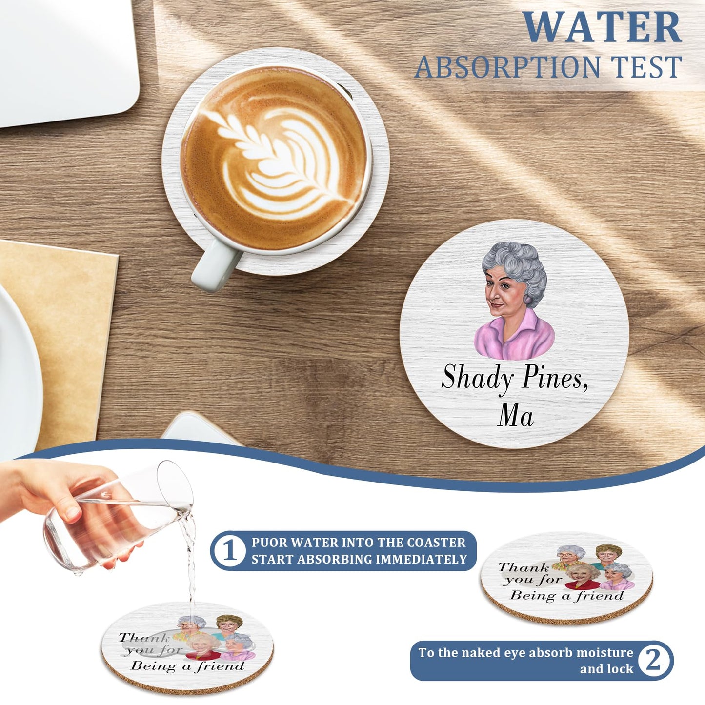 HSSPIRITZ 6 PCS Golden Girls Merchandise Cork Coasters for Drinks, Funny Coasters Set with Coaster Holder,Golden Girls TV Show Kitchen Decor Themed Coasters Gifts for Fans