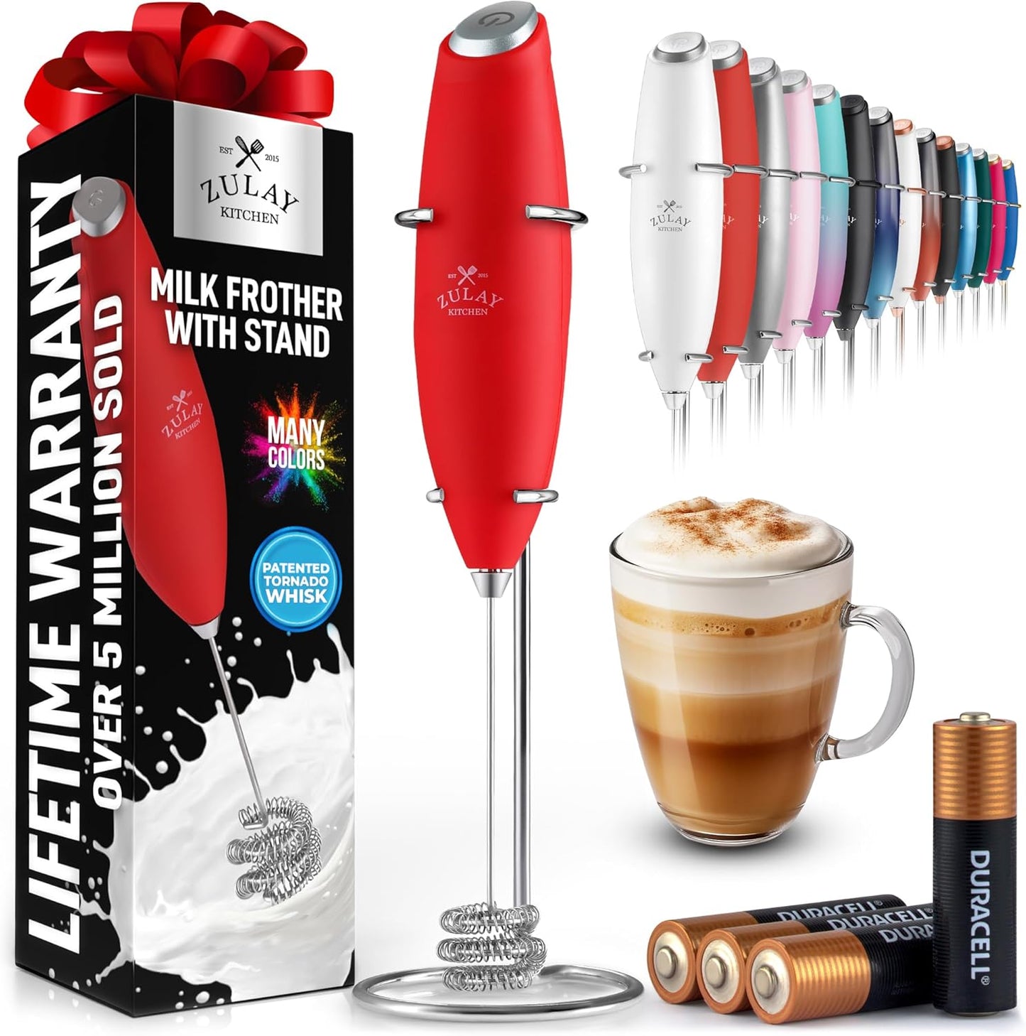 Zulay Kitchen Tornado Triple Whisk Milk Frother - Handheld Foam Maker for Coffee & Lattes - Cardinal Red