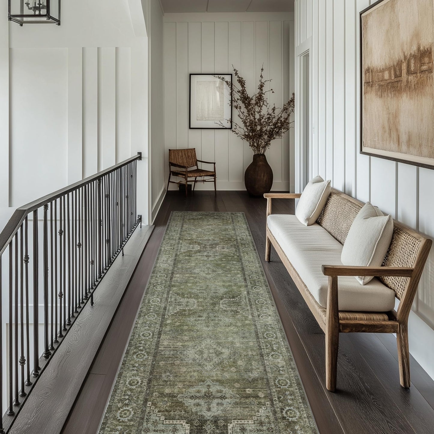 BEIMO Runner Rug 2x12 for Hallway Living Room Bedroom, Washable Thin Chenille Rug, Print Vintage Tribal Aesthetic Carpet, Low Pile Mat with Non Slip Rubber Backing, Distressed Sage