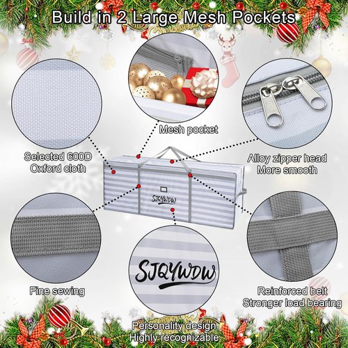 Christmas Tree Bag - 9 Ft Heavy Duty Storage Solution | Reusable 600D Oxford Cloth with Double Mesh Pockets (Gray-White Stripes)