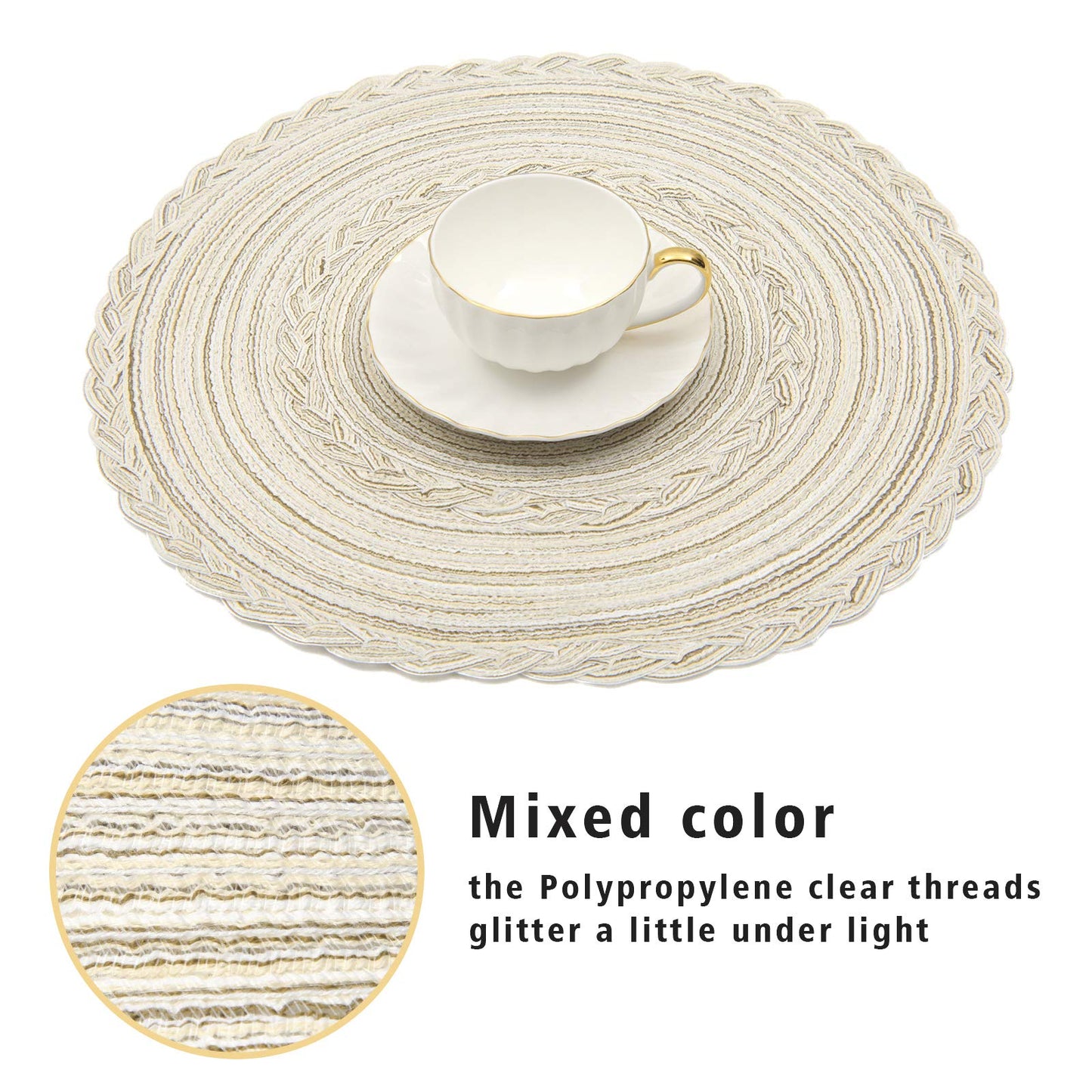 SHACOS Round Placemats Set of 4 Boho Braided Border Place Mats for Dining Tables Wedding Holiday Party (Ivory Bordered, 4)