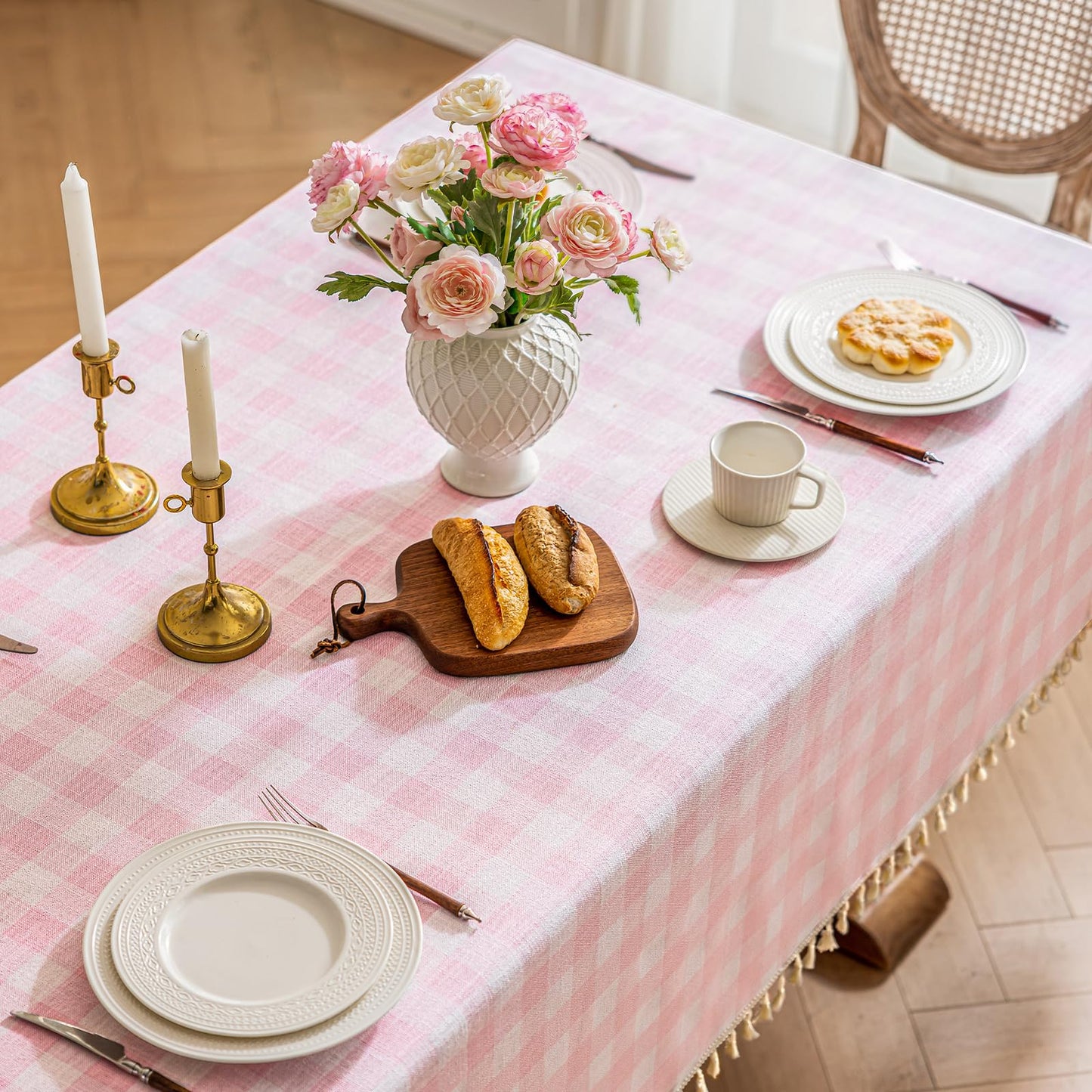 NALVXIN Checkered Tablecloth Rectangle Cotton Linen Gingham Table Cloth with Tassel Washable Wrinkle Free Heavy Duty Buffalo Plaid Table Cover for Dining/Party/Picnic (Pink, 55" x 55" (Square))