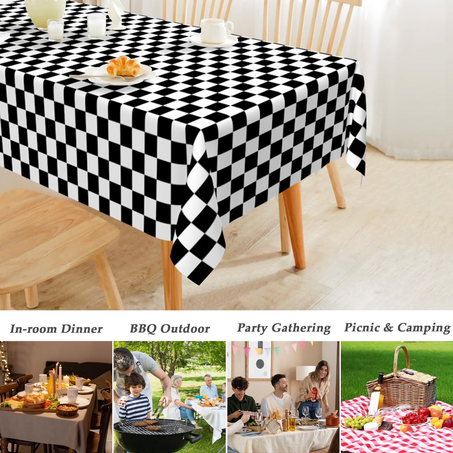 Mulbozy 2 Pcs Checkered Tablecloth Plastic for Birthday Decor, 54 × 108 inches Disposable Black and White Checkered Table Covers for Baby Shower, Race Car Birthday Party Decorations