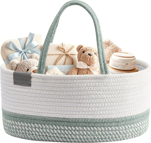 DECOMOMO Baby Caddy Organizer - Large Diaper Caddy Basket in Sage Green & White for Baby Showers