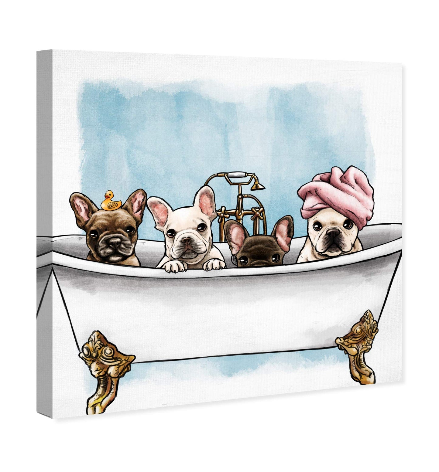 Oliver Gal Animals Modern Canvas Wall Art Frenchies In The Tub Ready to Hang Home Decor 12.0 x 12.0 White and Blue Canvas Art for Bath